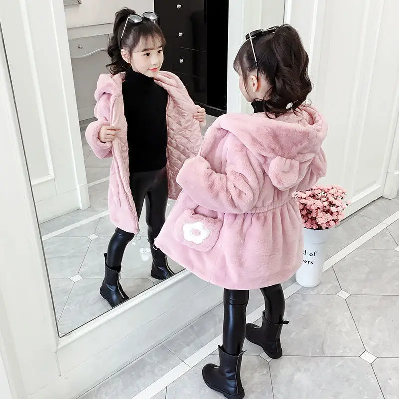 Princess Kids Cartoon Embroidered Woolen Hooded Jacket Coat for Children's Autumn Winter Clothing Outwear