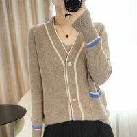 womens clothing 2022 spring and autumn new fashion loose sweater color matching v neck pure wool cardigan button with pocket