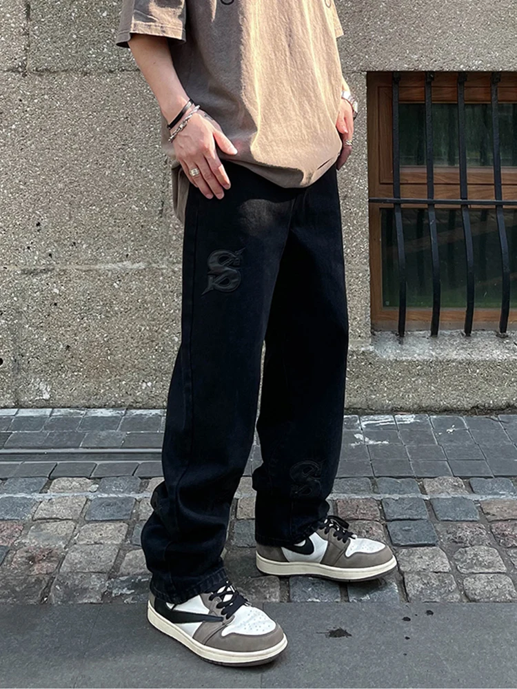 Black Jeans Men Fashion Letter Embroidery Loose Straight Leg Vaqueros Homme Vintage Mid Waist Baggy Comfort Cotton Denim Pants