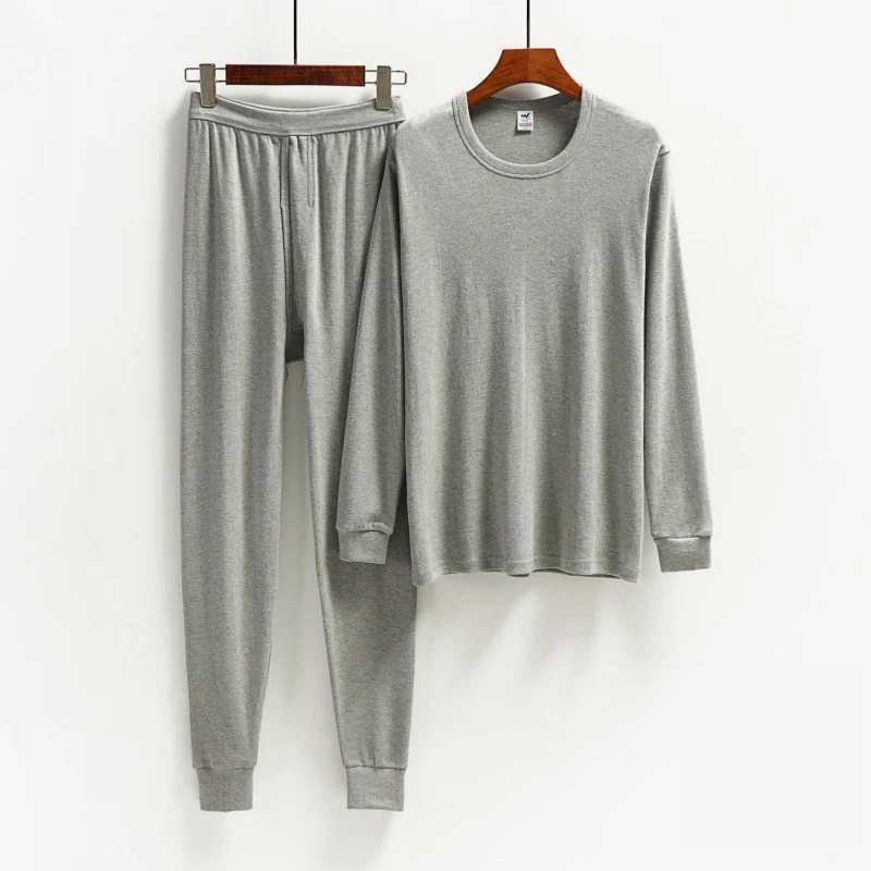 2PCS Man Thermal Round Neck Pullover +Pants Set 100%Cotton Winter Keep Warm Thermal Underwear Set Comfortable Thermo Clothing