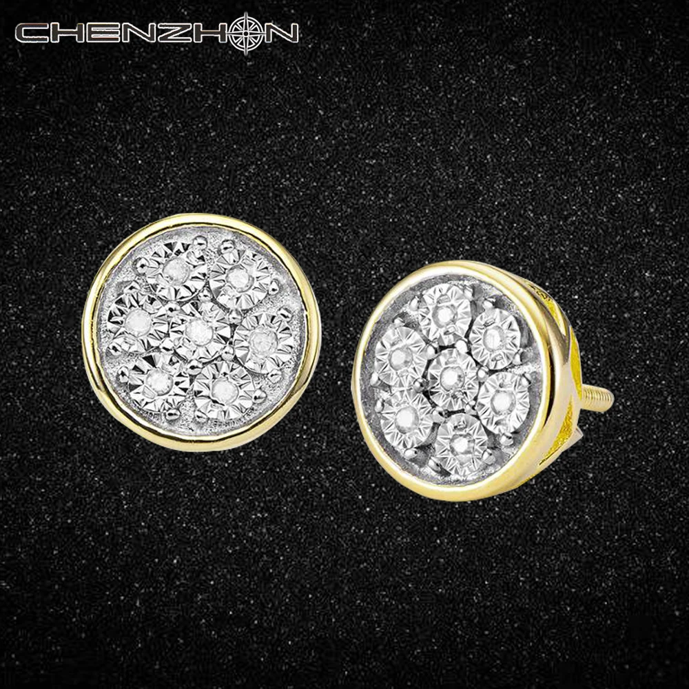 CHENZHON Round Simple 925 Silver  Diamond Earrings  8MM Bling Bling Stud Earrings Anniversary Top Quality 14 K Gold Finish