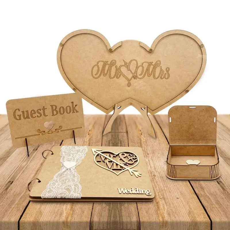 

Guest Book Wedding Reception Drop Top Frame Sign Book With 100PCS Wooden Hearts Alternative Guest Book With Storage Box And