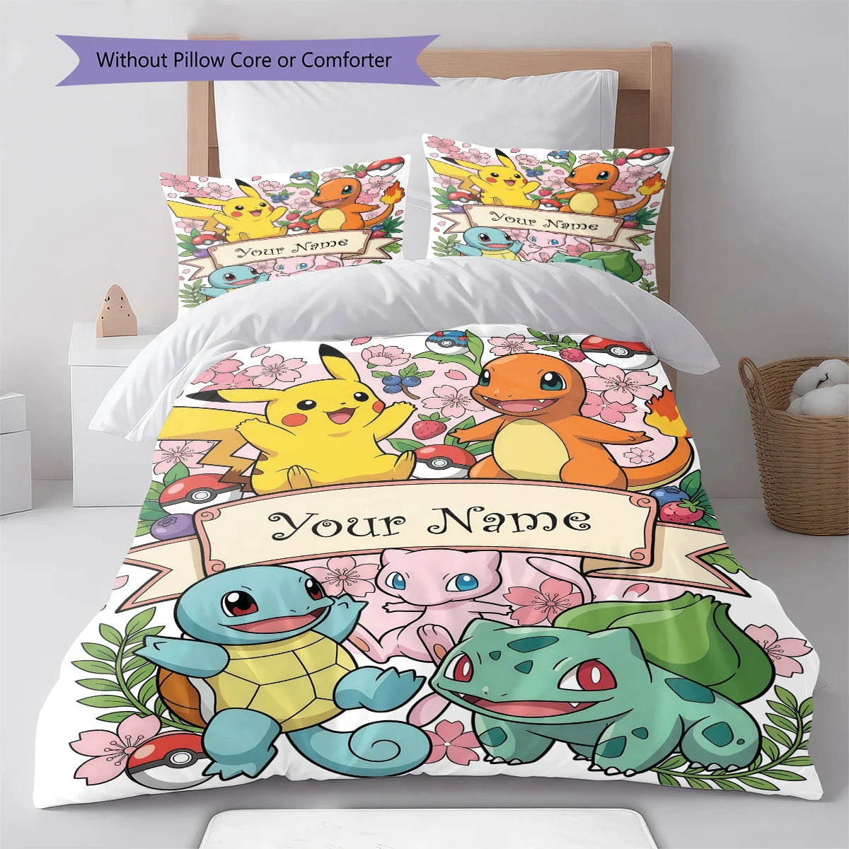 Фото Постельный комплект с индивидуальным дизайном Pokemon: пододеяльник, наволочки, мягкий декор для спальни, аниме-дизайн - QJY №5
