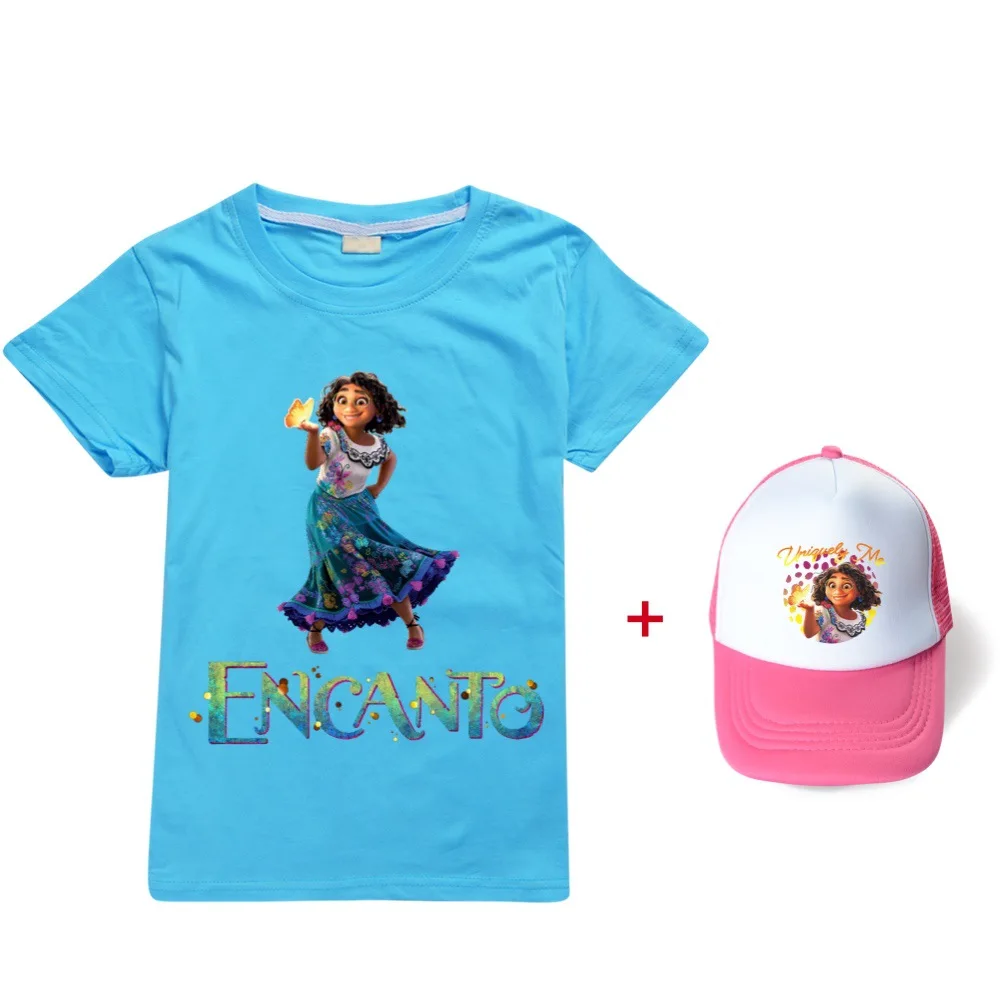 

2022 New Encanto Disney Mirabel Cute Kids Cartoon Cotton Kawaii Fashion Anime Tops Boys Girls Casual T Shirts + Hats