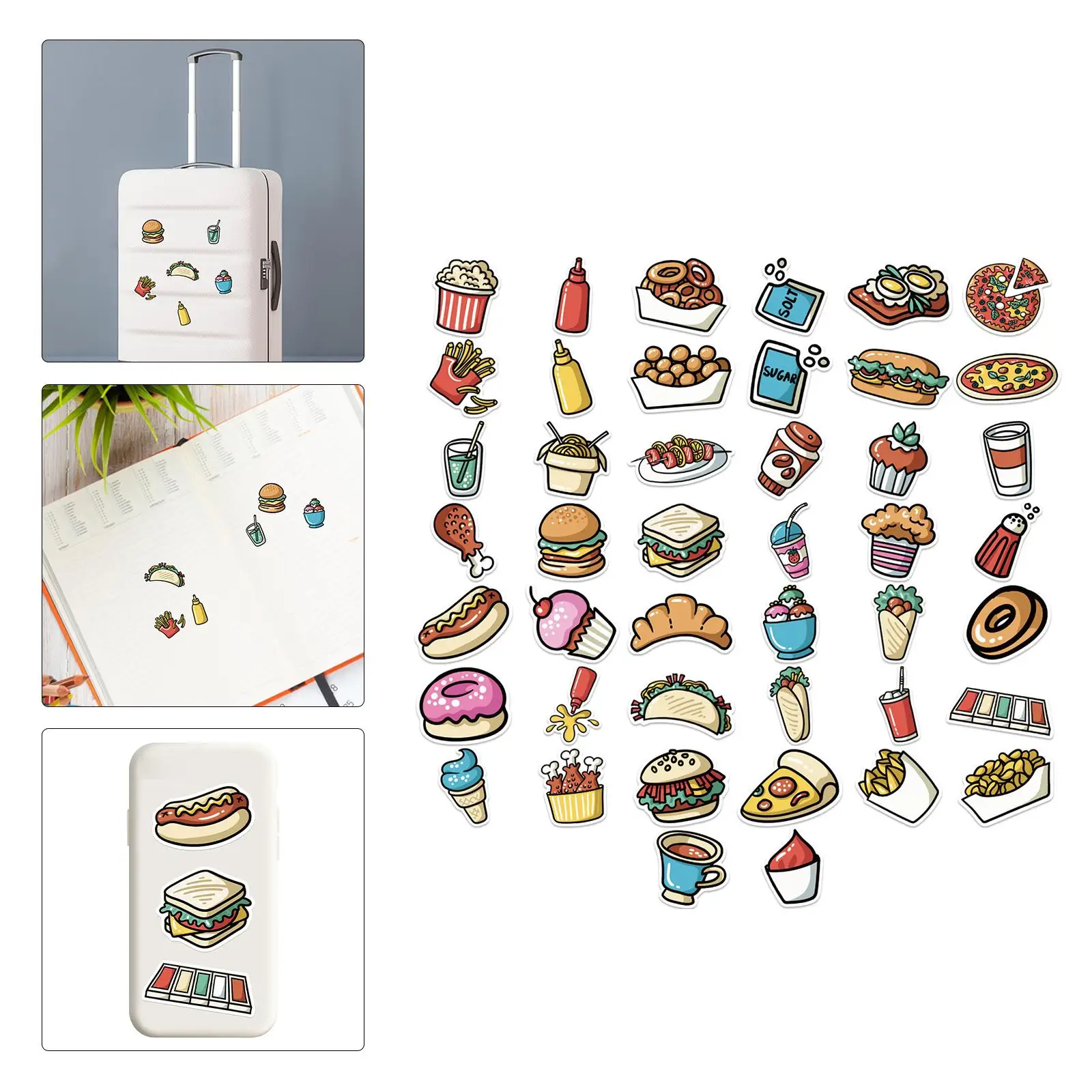 

44x наклейки в виде гамбургеров, пирожных, пирожных, граффити, «сделай сам», скейтборд, мотоцикл, чемодан, Смешанная еда, Мультяшные наклейки, ...