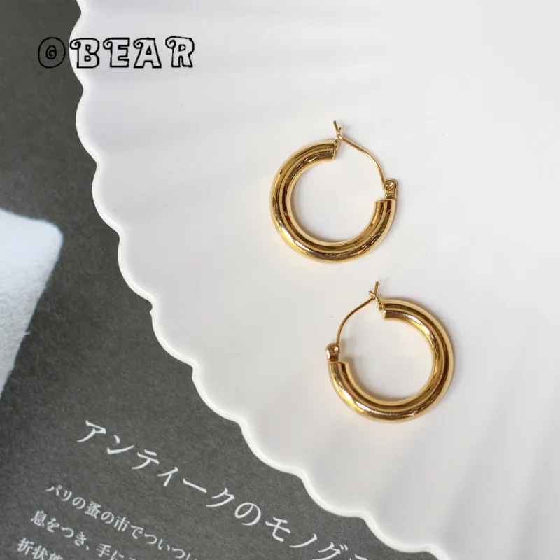 

Small Round Huggie Earrings Stainless Steel Golden Texture Minimalist Unusual Hoop Earrings for Women