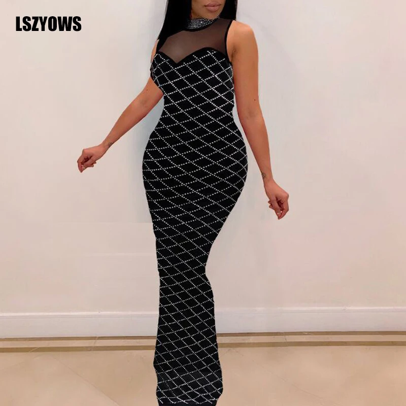

Сексуальное Сетчатое лоскутное платье со стразами, женское черное облегающее платье-макси без рукавов с воротником-стойкой, женские элеган...
