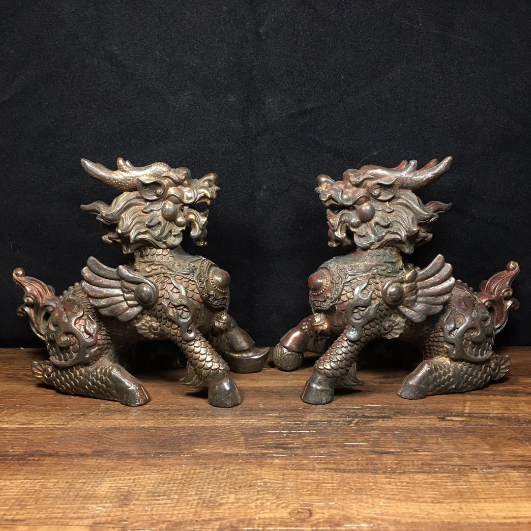 

7" Tibetan Temple Collection Old Bronze Cinnabar Kirin Fire Unicorn Statue a pair Gather fortune ornament Town house Exorcism