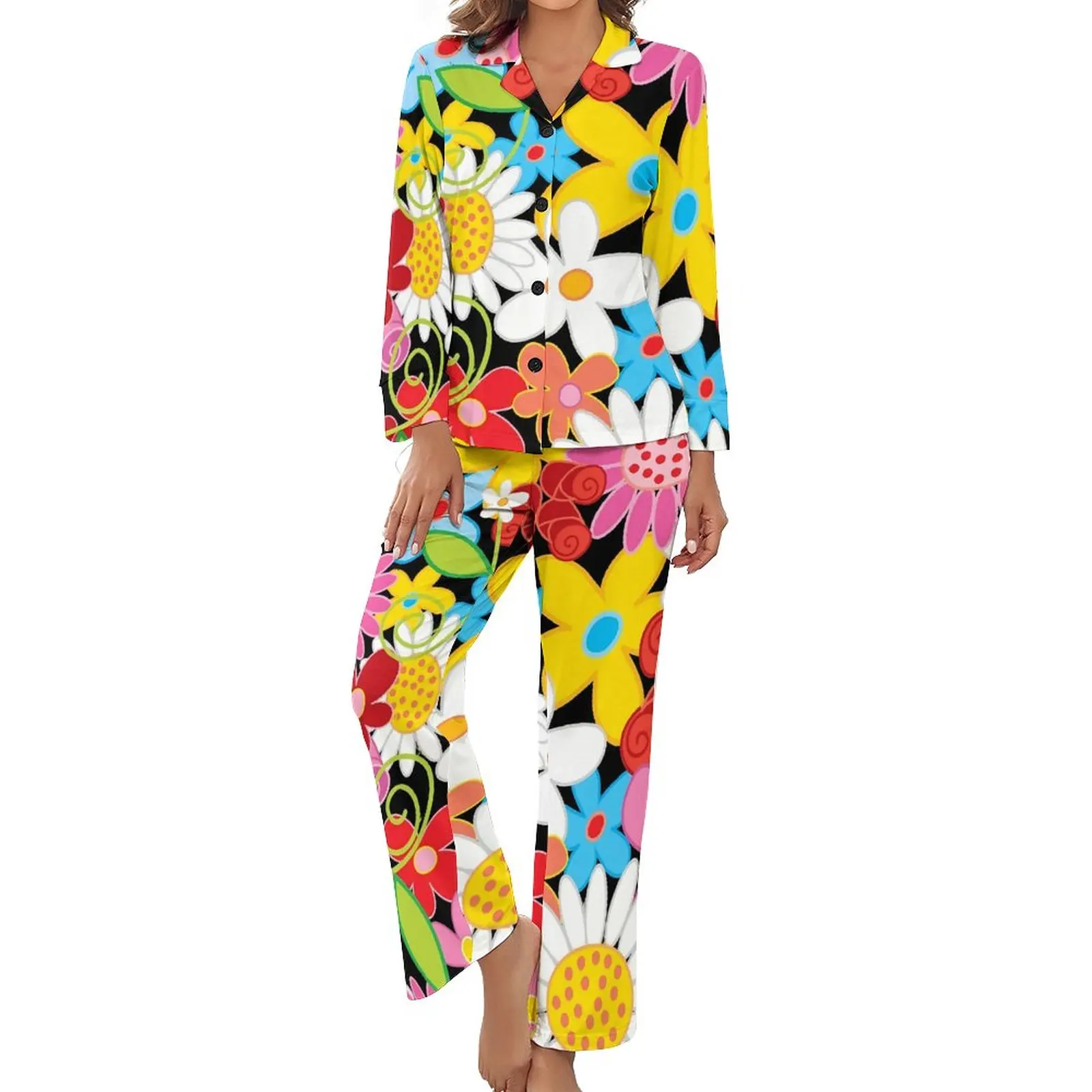 

Цветочная мощная Пижама, Весенняя садовая домашняя пижама с V-образным вырезом, женская одежда для сна из 2 предметов, милые пижамные комплекты с длинным рукавом
