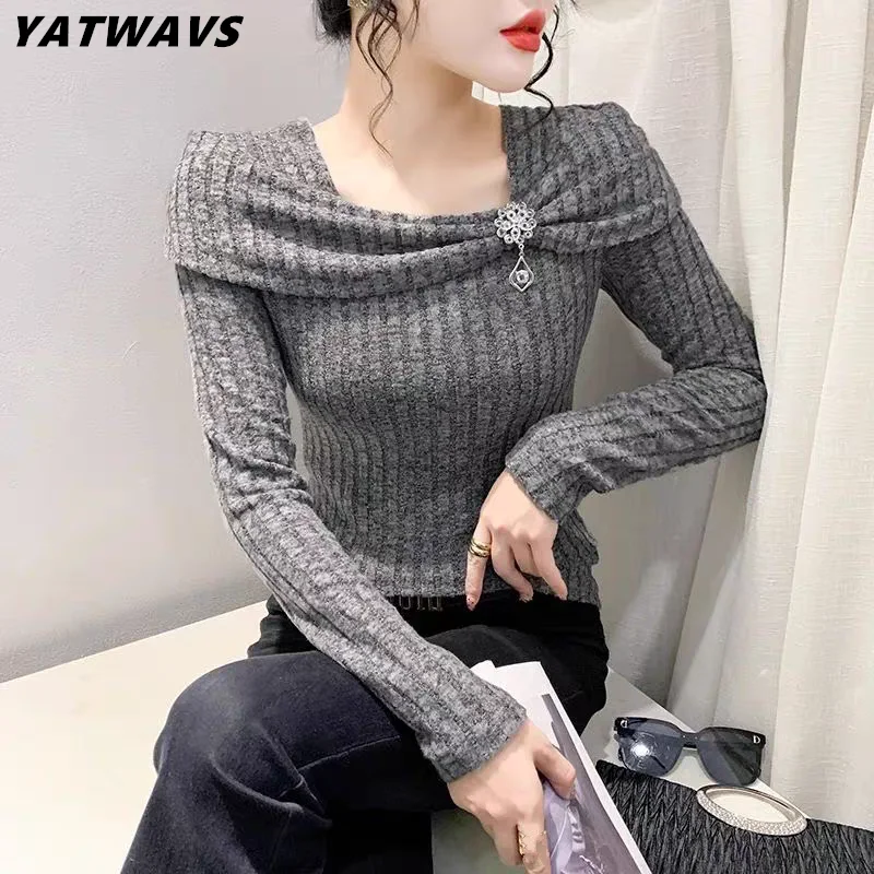 

New Fashion European Women T-Shirt Clothes Sexy Square Collar Chic Metal Diamonds Tops Sweet Girl Long Sleeve Casual Slim Tees