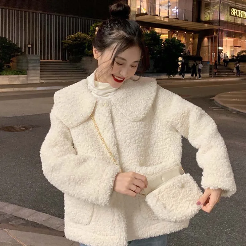 Kawaii Sweet Doll Collar Beaded Lamb Wool Sweater Padded Jacket Women Korean Loose Autumn Winter Single-Breasted h Mid Coat