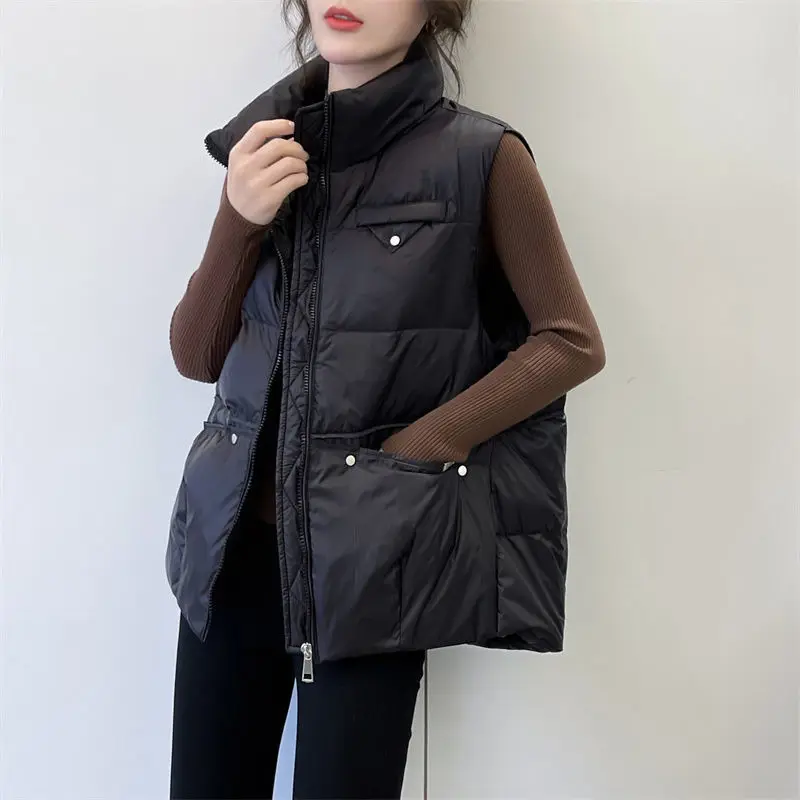 

Down Cotton Vest Women Vintage Sleeveless Cotton Down Pocket Sleeveless Waistcoat Korean Fashion Autumn Winter Jacket L51
