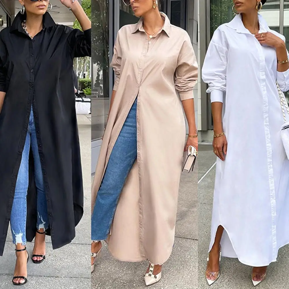 

Stylish Women Shirt Windproof Shirt Coat Turn Down Collar Simple Casual Maxi Shirt Dress Long Coat Arc Hem