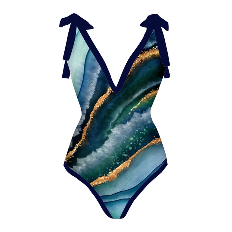 Fashion Striped V-neck Printed Bikini Sexy Waist Backless Swimsuit Independent Straps Cover-up Blouse  2023 Pre-sale Swimwear