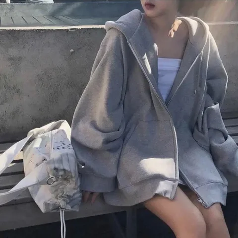 ALANOS Women Couple Hoodies Sweatshirt Zip-up Cotton Solid Oversized Sports Outfit Spring Winter Casual Loose Women's Clothing