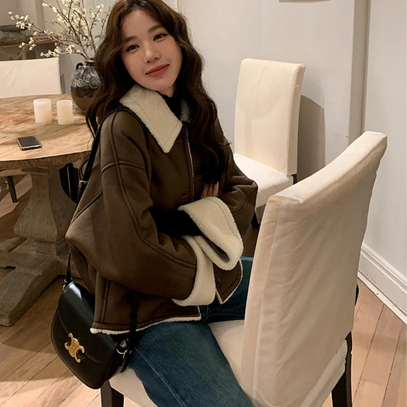 Vintage Women's Lamb Wool Coat Loose Fashion Ladies Harajuku PU Biker Jacket Street Long Sleeve Winter Warm Fur Outerwear 2022