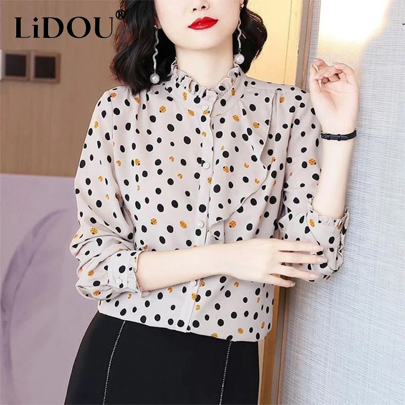 

Summer New Ruffles Stand Collar Polka Dot Print Shirt Ladies Long Sleeve Elegant Fashion Cardigans Top Women Loose Casual Blouse