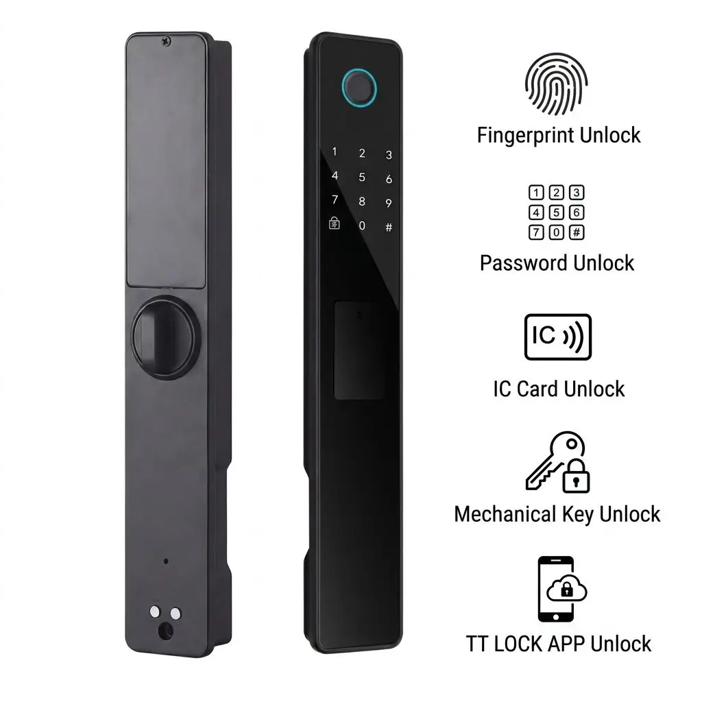 Фото Новый умный дверной замок TTLock 2026 года с тонким дизайном, биометрический цифровой замок 5-в-1 с 1-летним сроком службы батареи для дверей с алюминиевой рамой №4