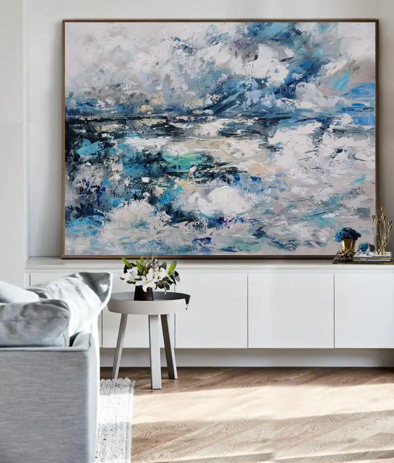

Original Blue Abstract Art,White Skt Abstract Painting,Large Cloud Abstract Oil Painting,Living Room Art Painting,Large Canvas