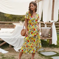 lace patchwork red floral dress summer women v neck short sleeve high waist printed dresses yellow cotton pullovers slim robes
