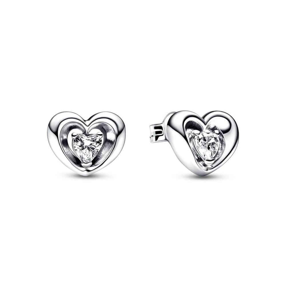 

925 Silver Radiant Heart & Floating Stone Stud Earrings fit Pandora Jewelry for Women Birthday Mother's Day Gifts