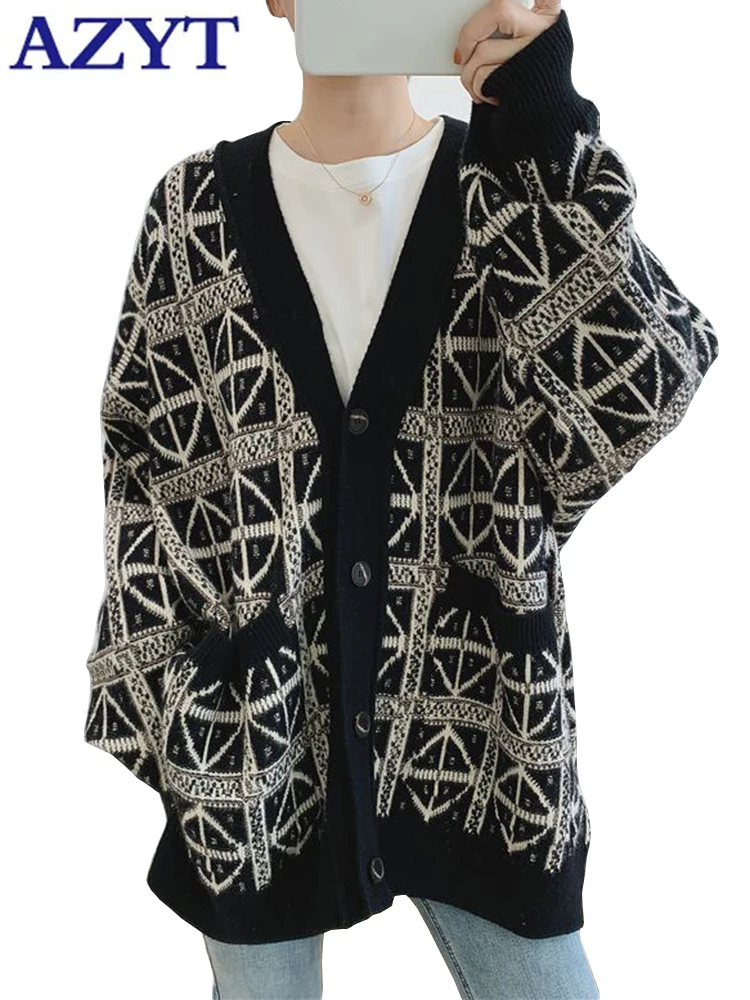 

AZYT Vintage Argyle Sweater Female Cardigans 2023 Loose V Neck Women Sweater Coats Casual Knitwear Cardigan Jacket