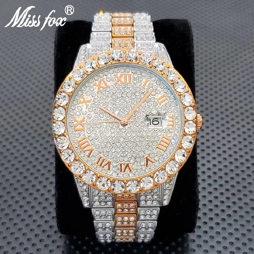

Luxury Diamond Wristwatch For Men Classic Stainless Steel Two Tone Quartz Watch Fashion Rose Silver Round Waterproof Iced Clock