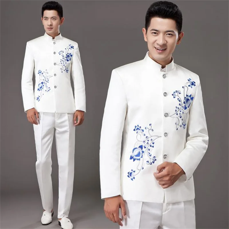 White stand collar porcelain costume slim men chinese tunic suit set with pants mens suits wedding groom formal dress suit +pan