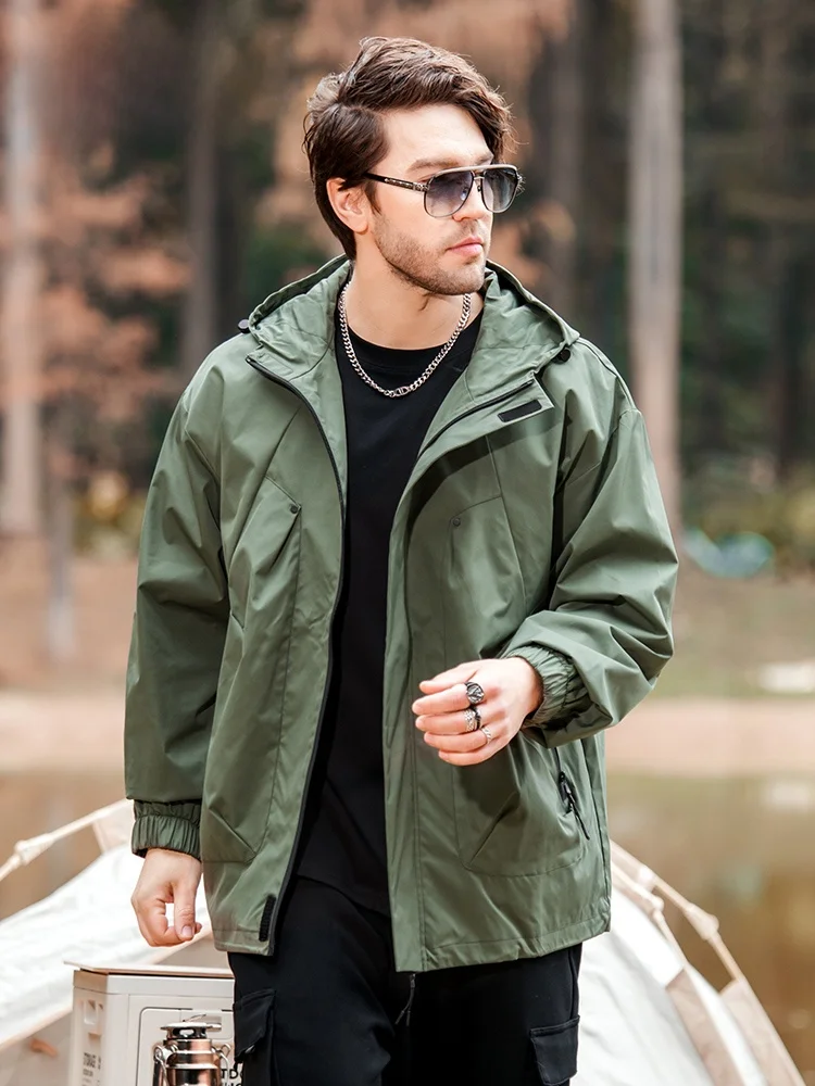 Faxika Plus size Men's Outdoor Hood Jacket Fat plus Size Spring Loose Windproof Waterproof Outerwear Tide