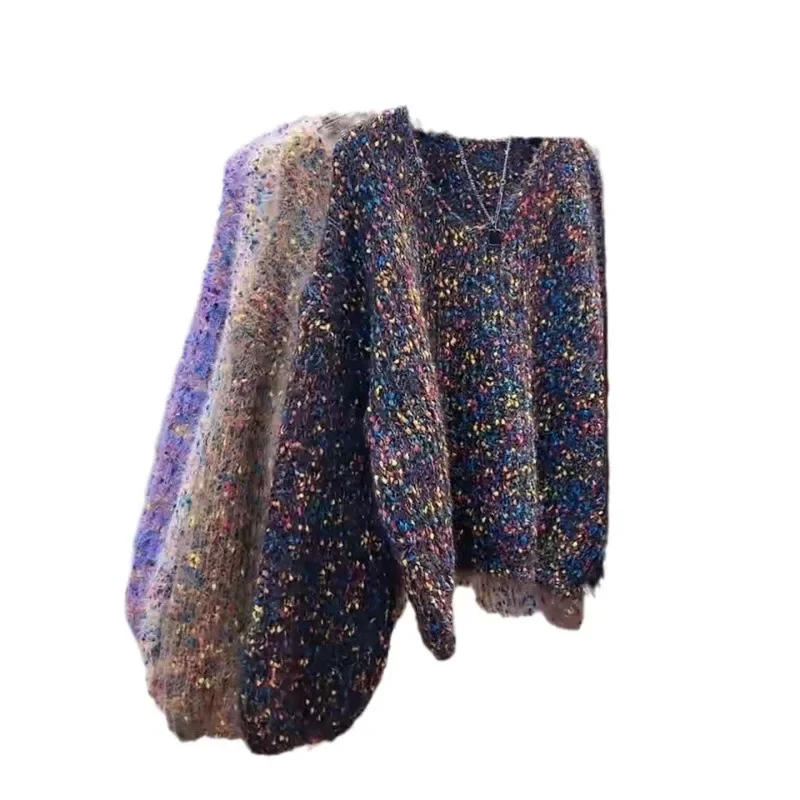 Красочный женский свитер в горошек весна-осень 2024 пуловер с v-образным вырезом