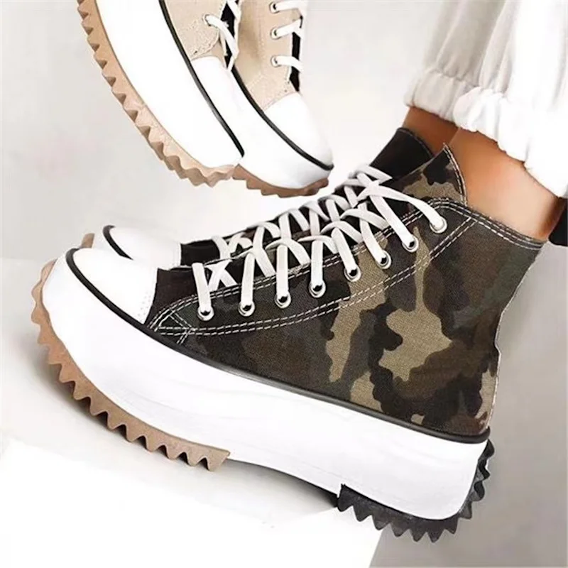 2023 New Thick Sole Mid Heel Women's Shoe Gear Train Mid Top Large Casual Canvas Shoes Breathable and Comfortable