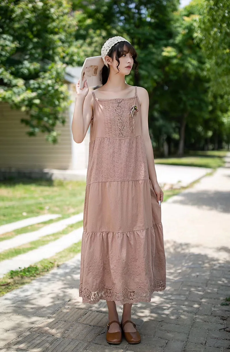 

Summer Women's New Style Cotton Sling Water-soluble Lace Embroidered Sen-line Art All-match Base Long Dress