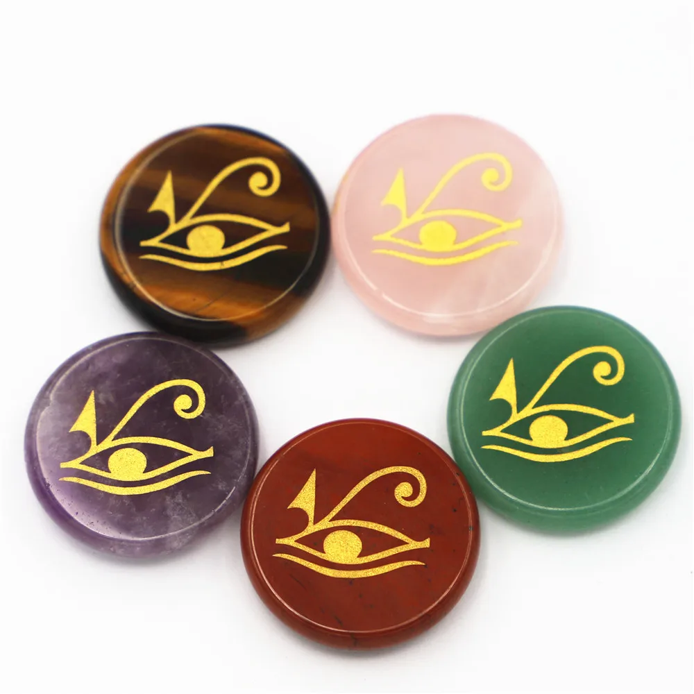 

Natural Stone Vintage Egyptian Sun God Eye Horus Flat Round Semi-Precious Bronzing Crystal Religion Accessories Wholesale 6Pcs