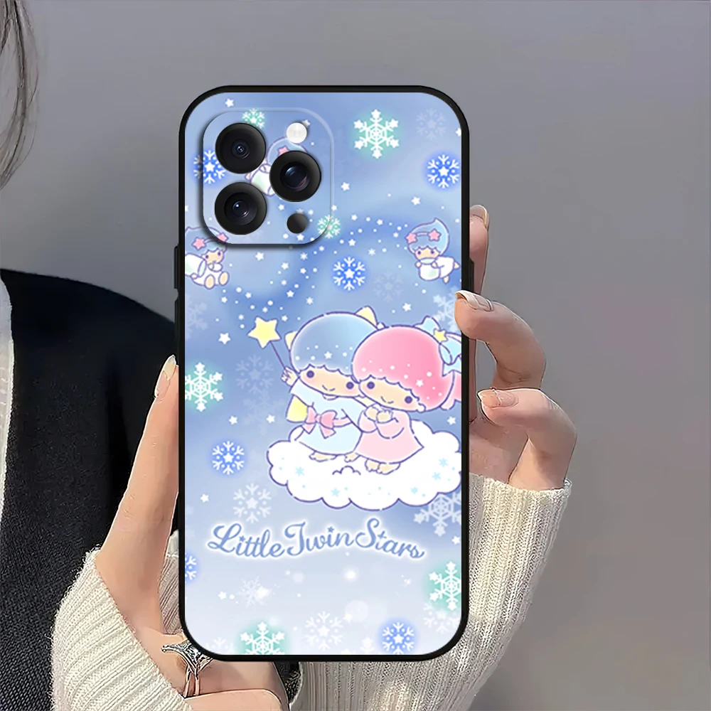 MINISO L-Little Twin S-Stars K-KiKi L-Lala Cute Phone Case for iPhone 12 11 14 15 13 16 Max Plus Pro Black Soft Silicone Cover