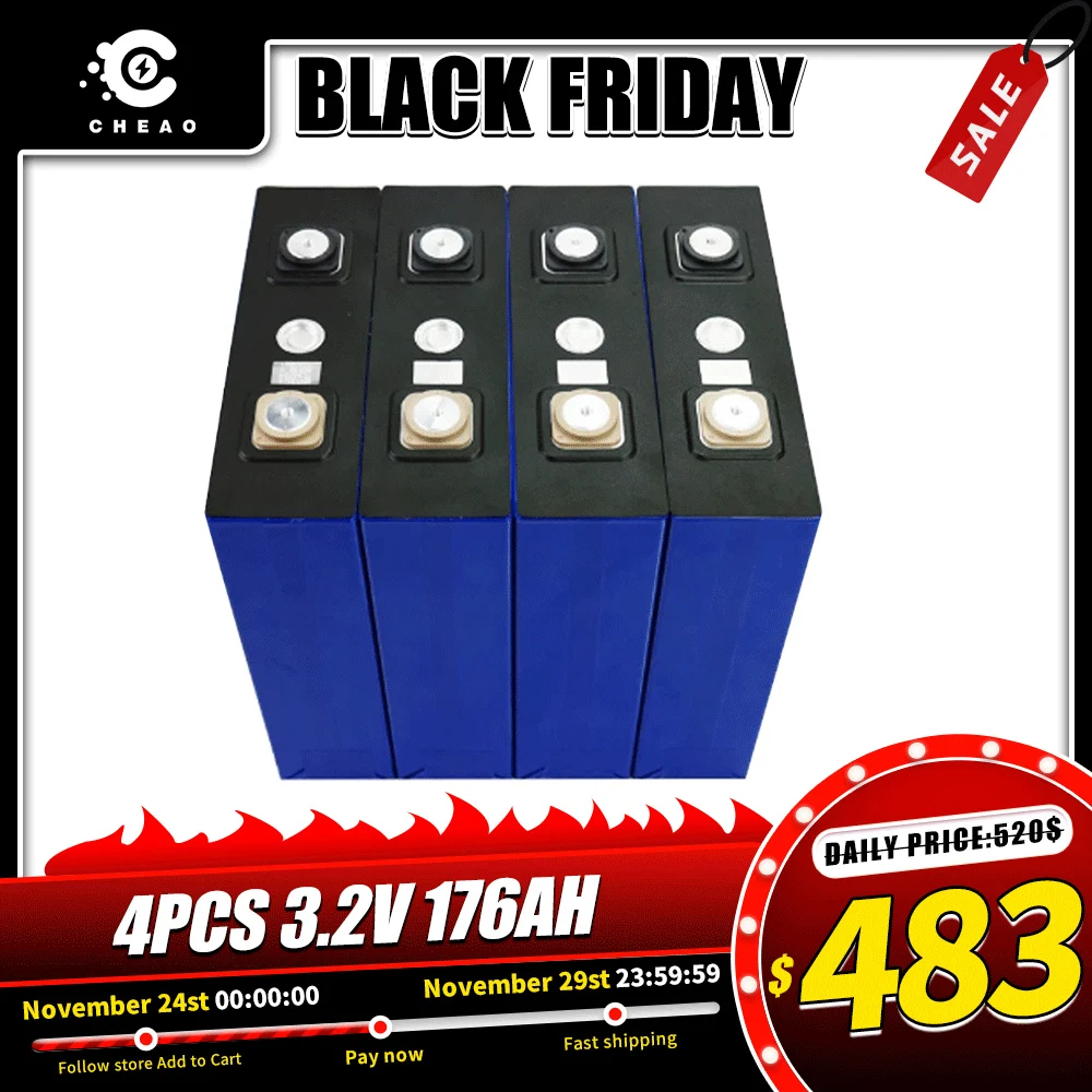 

4/8/16/32PCS 3.2v Lifepo4 батарея 176Ah DIY аккумуляторная батарея для вилочного погрузчика Солнечная система хранения Класса A ЕС США TAX FREE