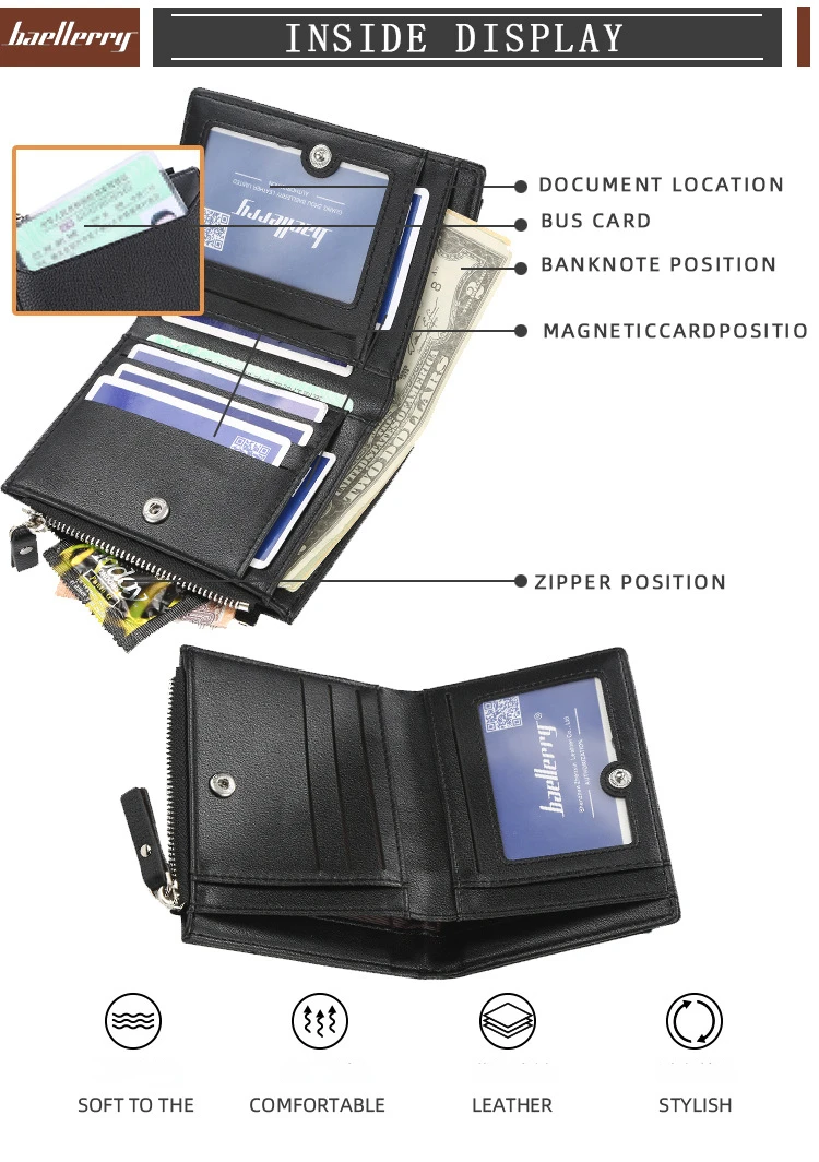 Men's Short Wallet Multi Card ID Card Bag for Men Thin Zipper Buckle Zero Wallet Photo Holder PU Leather