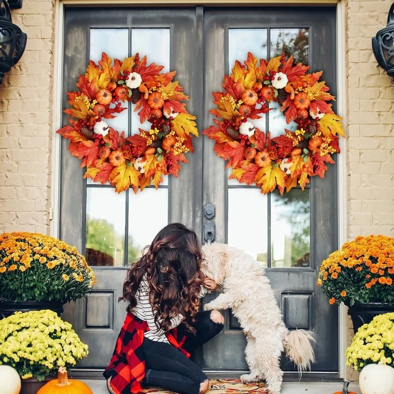 

40cm Fall Wreaths for Front Door Halloween Garland with Berry Pumpkin Maple Leaves Thanksgiving Harvest Festival Home Decoration