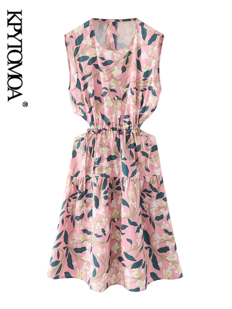 

KPYTOMOA Women Fashion With Drawstring Tied Printed Mini Dress Vintage Backless Sleeveless Female Dresses Vestidos Mujer