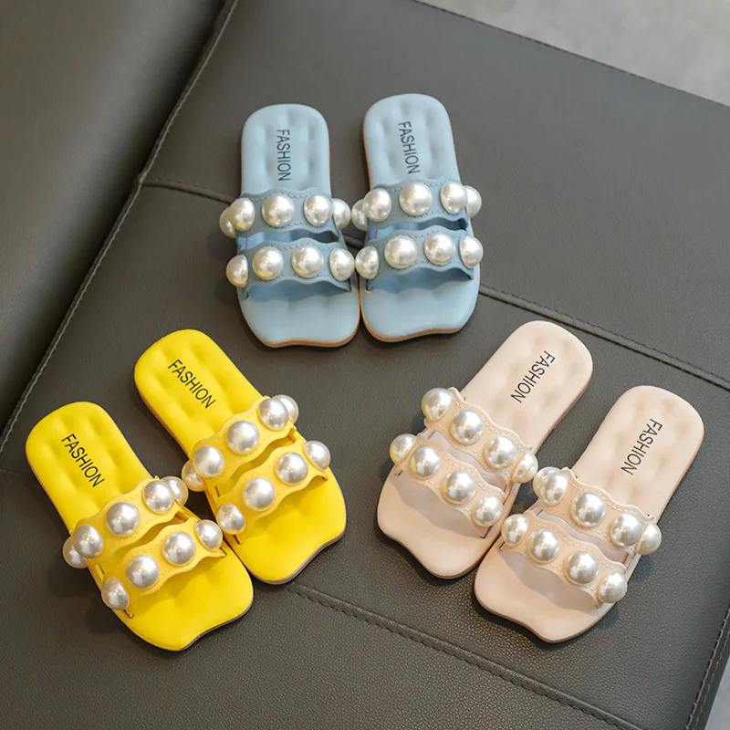 Women  Summer Fashion Slippers 2023 New Korean Girl Pearl Non-slip Soft-soled Sandals Children's Flats Cute Beach Shoes Home