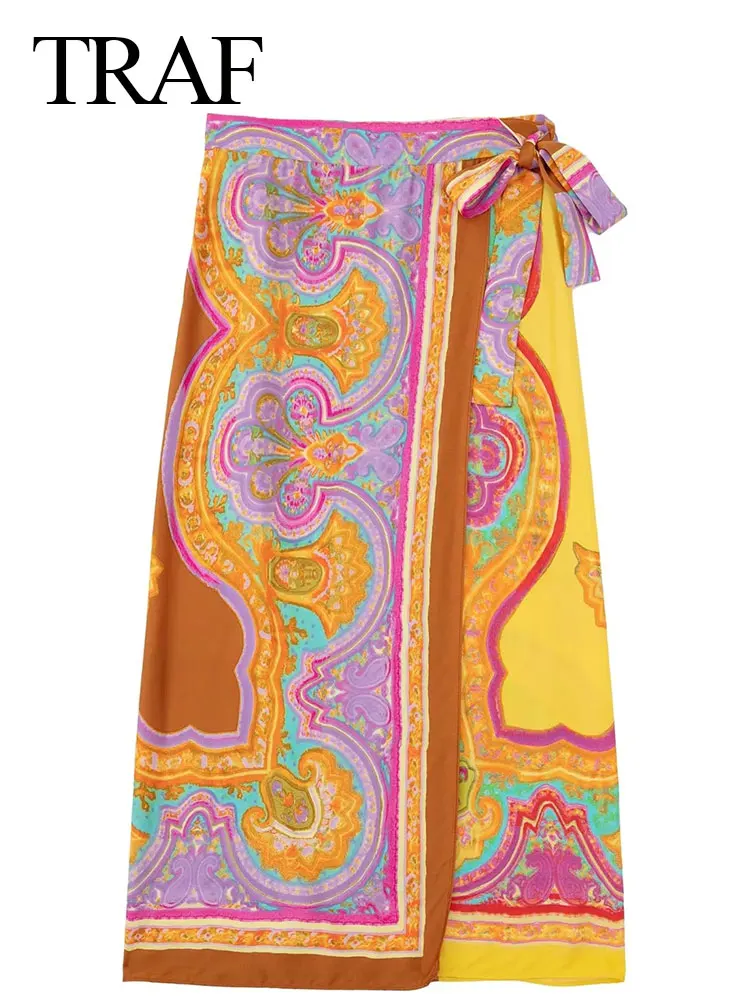 

TRAF Vintage Print Wrap Side Tie Bow Skirt Elegant Chic Slim Multicolor New Fashion Ethnic Style Skirt Women Summer Clothing