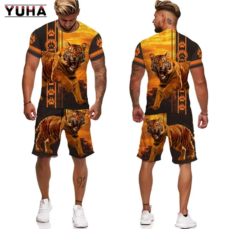YUHA-Camiseta y pantalones cortos с 3D принтом тигра Кинг для мужчин и женщин костюм унисекс топы