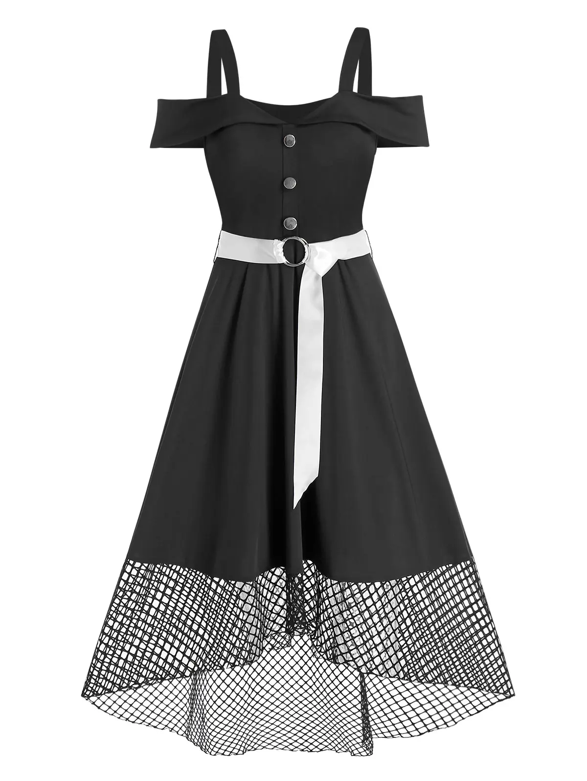 

Платье трапециевидной формы с открытыми плечами и контрастной отделкой на пуговицах элегантные вечерние платья без рукавов в сеточку