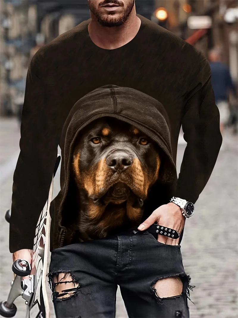 Футболка мужская с 3D-графикой крутой собаки модная тенниска длинным рукавом и