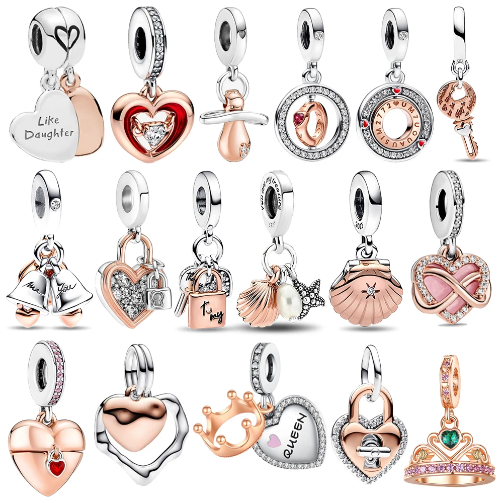 925 Sterling Silver Two Tone Patchwork Heart&amplock&ampCrown&ampShell Pendant Fit Pandora Bracelet Classic Women's Gift Jewelry