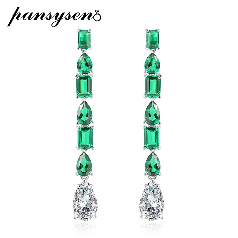 

PANSYSEN Luxury 925 Sterling Silver 8x13MM Pear Cut Emerald Diamonds Dangle Drop Earrings for Women Wedding Fine Jewelry Gift