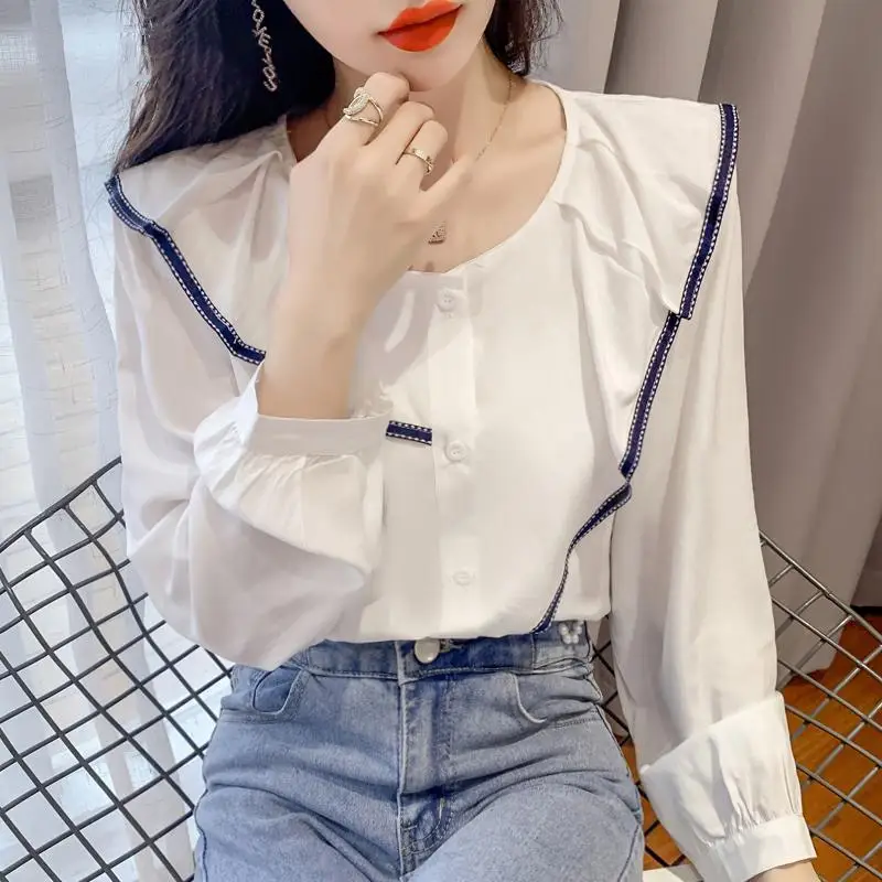 Модная шифоновая рубашка с круглым вырезом и пуговицами оборками женская одежда