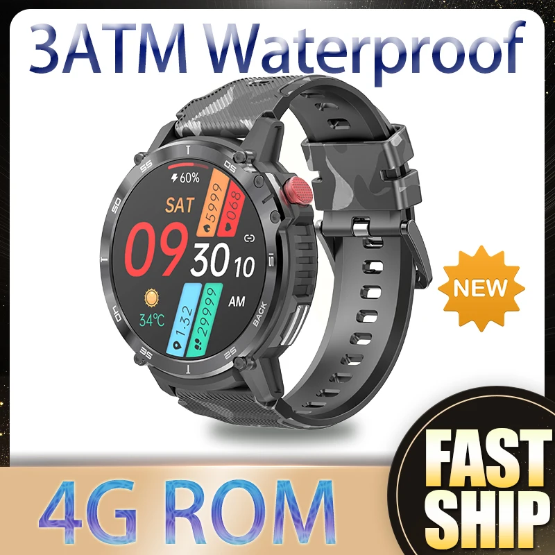 

4G ROM 3ATM Waterproof Sports Smart Watch Outdoor Men Bluetooth Call Smartwatch C22 Music Blood Oxygen IP68 1.6" Screen 400mAh