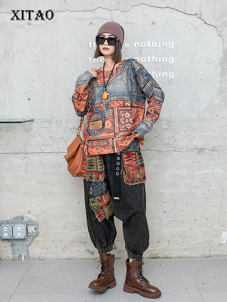 

XITAO Two Piece Set Women Fashion Pattern Pullover Full Sleeve Top Elastic Waist Harem Pants 2022 Autumn Minority WLD15007