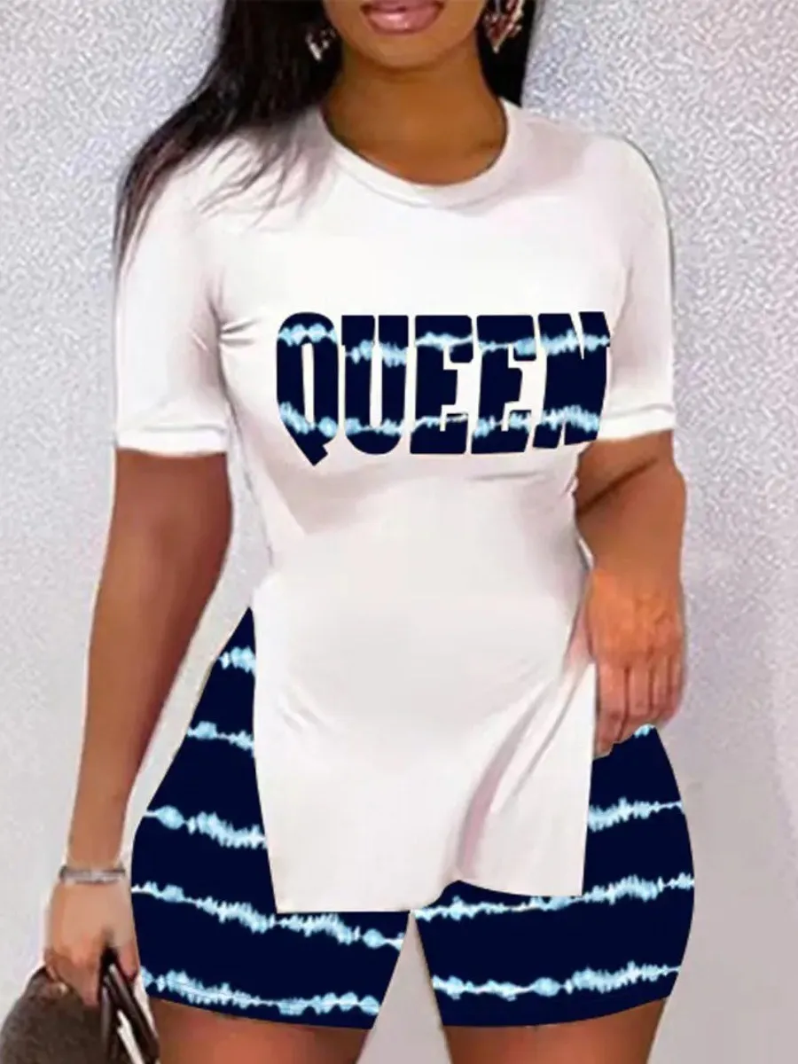 

LW Letter Print Tie Dye Shorts Set Casual Tshirt Short Set Women 2023 Summer O-neck T Shirt Two Piece Set And Pockets Shorts Sui
