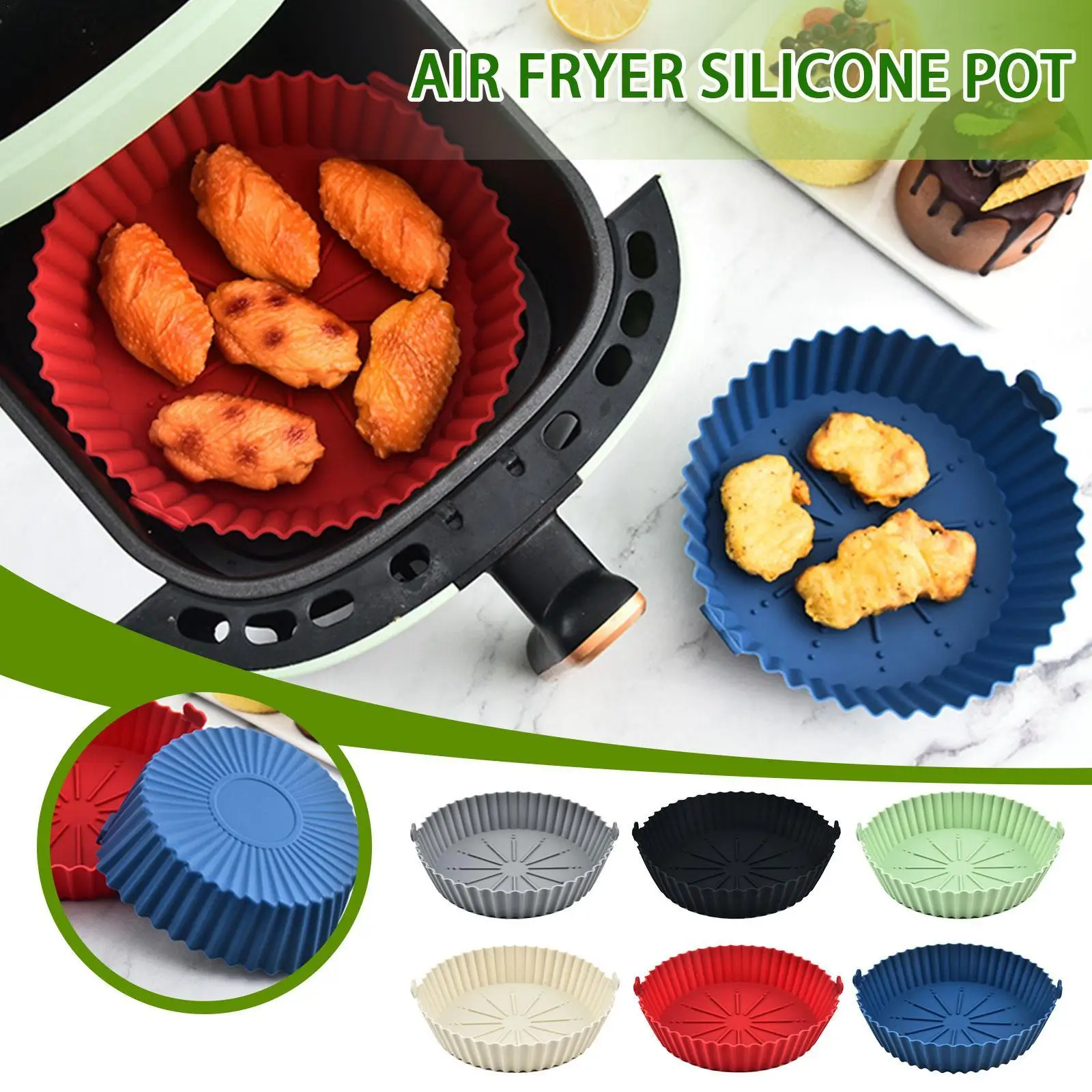 

Air Fryer Silicone Pot,Round Reusable Air Fryers Oven Baking Tray Fried Chicken Basket Mat Replacemen Grill Pan Accessories